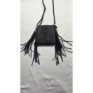 Womens Gray Faux Suede Fringe Crossbody Bag Boho Western Braided Leopard Lining